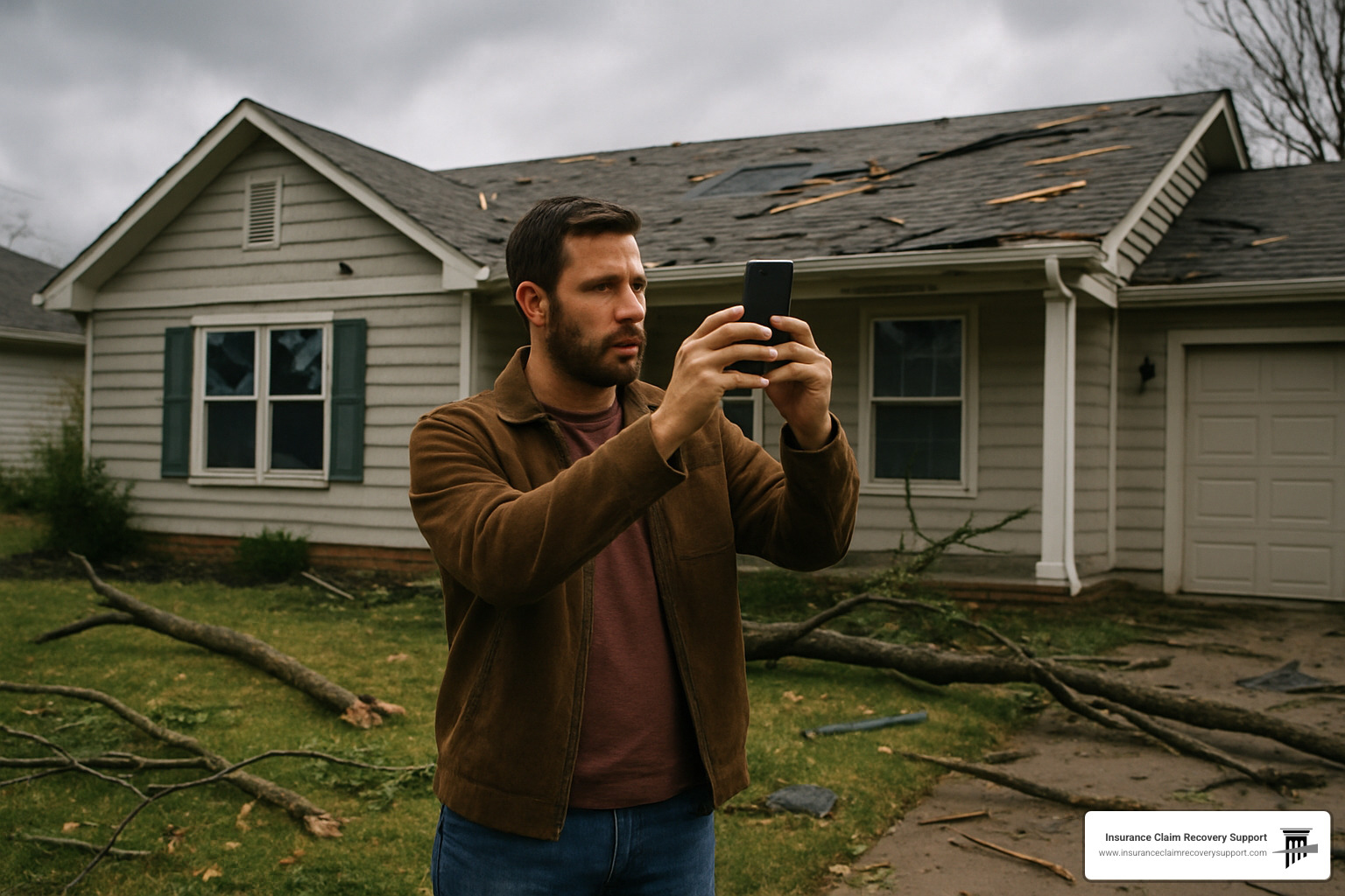 homeowner taking photos of storm damage - home insurance claim process