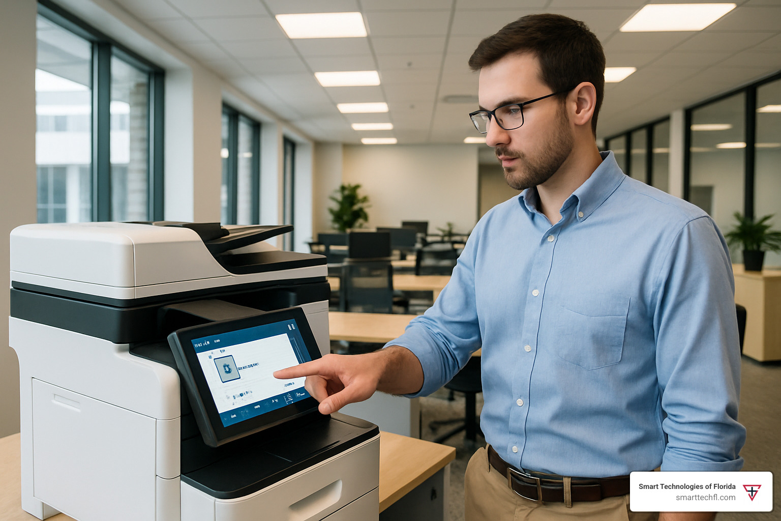 Office worker using duplex printing settings on a modern multifunction printer - sustainable printing practices