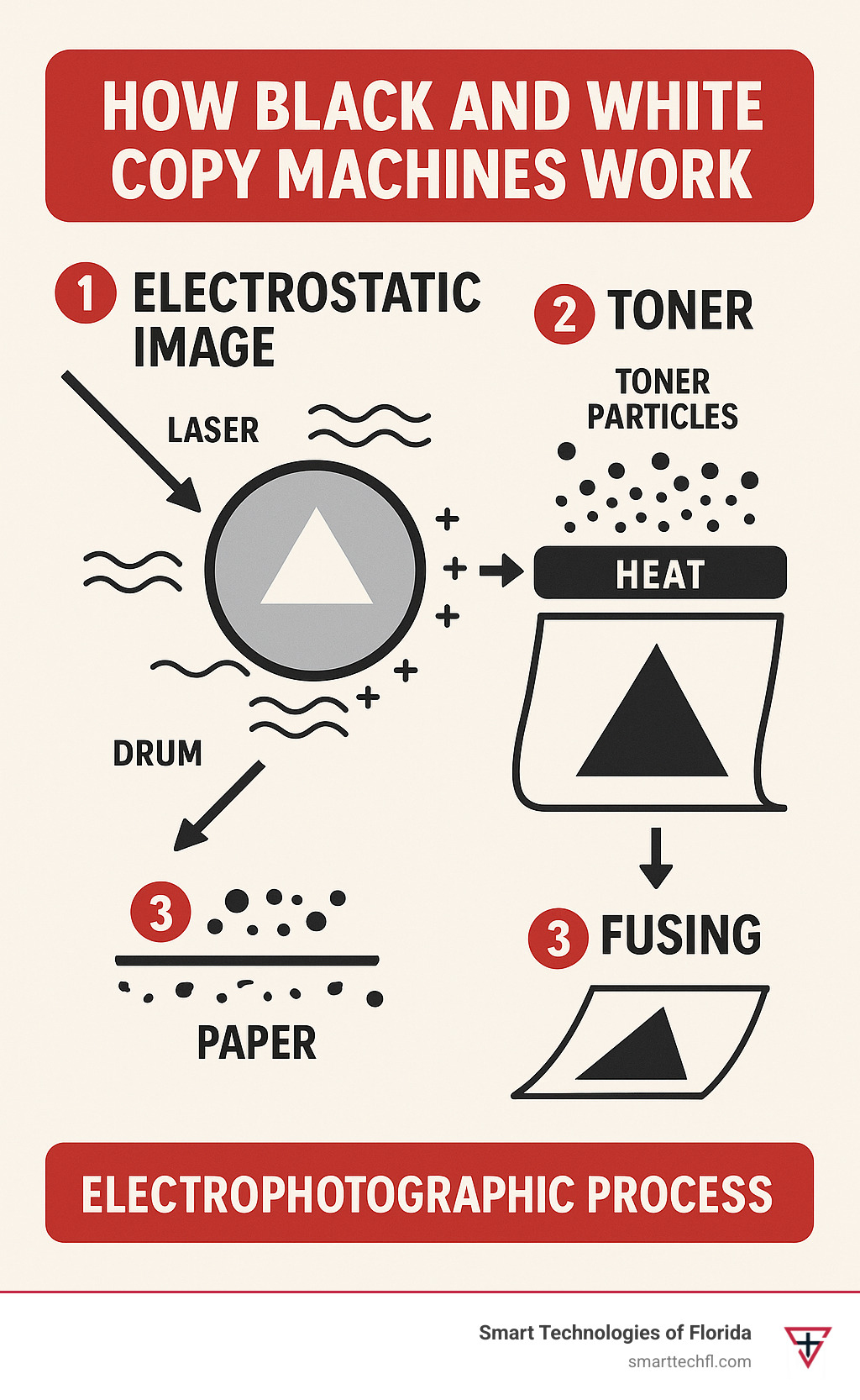 How black and white copy machines work: diagram showing the electrophotographic process with laser drum creating an electrostatic image, toner particles adhering to charged areas, and heat fusing the toner to paper to create the final print - black and white copy machine infographic  How black and white copy machines work: diagram showing the electrophotographic process with laser drum creating an electrostatic image, toner particles adhering to charged areas, and heat fusing the toner to paper to create the final print - black and white copy machine infographic