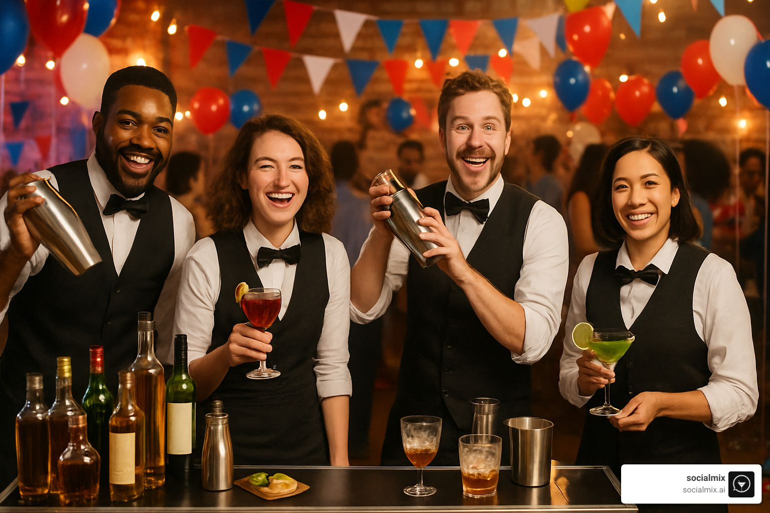 group of people in bartender costumes behind a portable bar - best bartender costumes