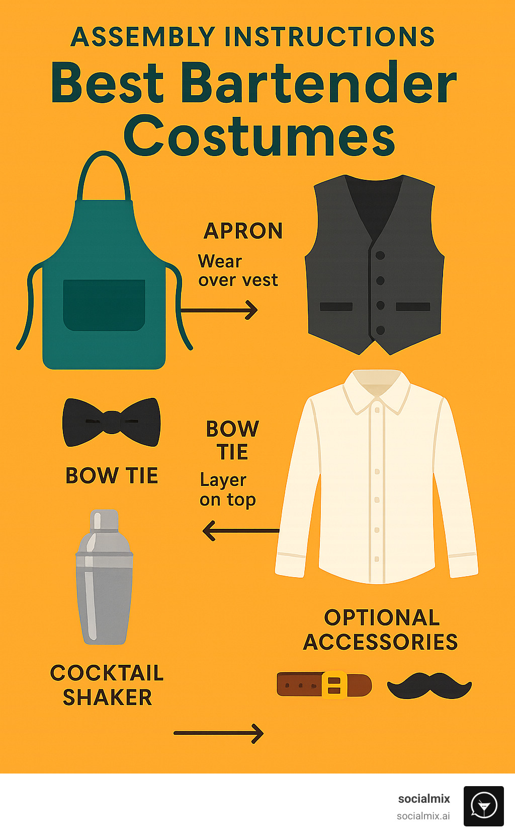 Bartender costume components showing apron, vest, bow tie, white shirt, cocktail shaker, and optional accessories with labels and assembly instructions - best bartender costumes infographic 