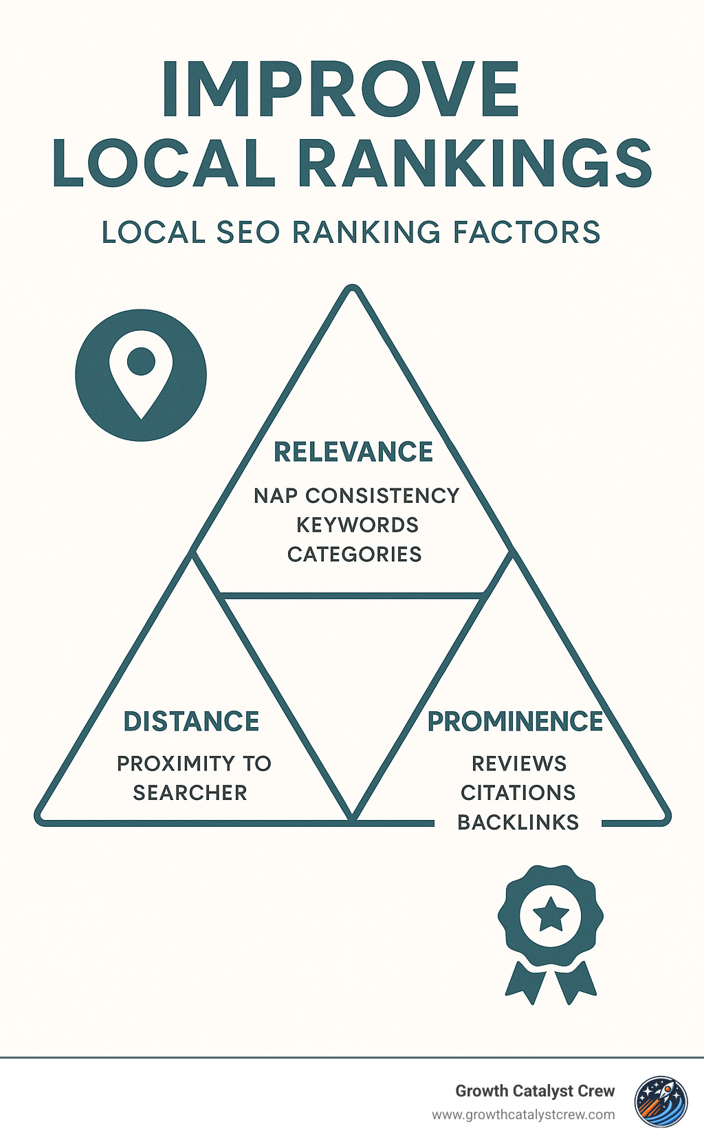 Local SEO ranking factors showing relevance (NAP consistency, keywords, categories), distance (proximity to searcher), and prominence (reviews, citations, backlinks) as the three pillars Google uses to determine local rankings - improve local rankings infographic