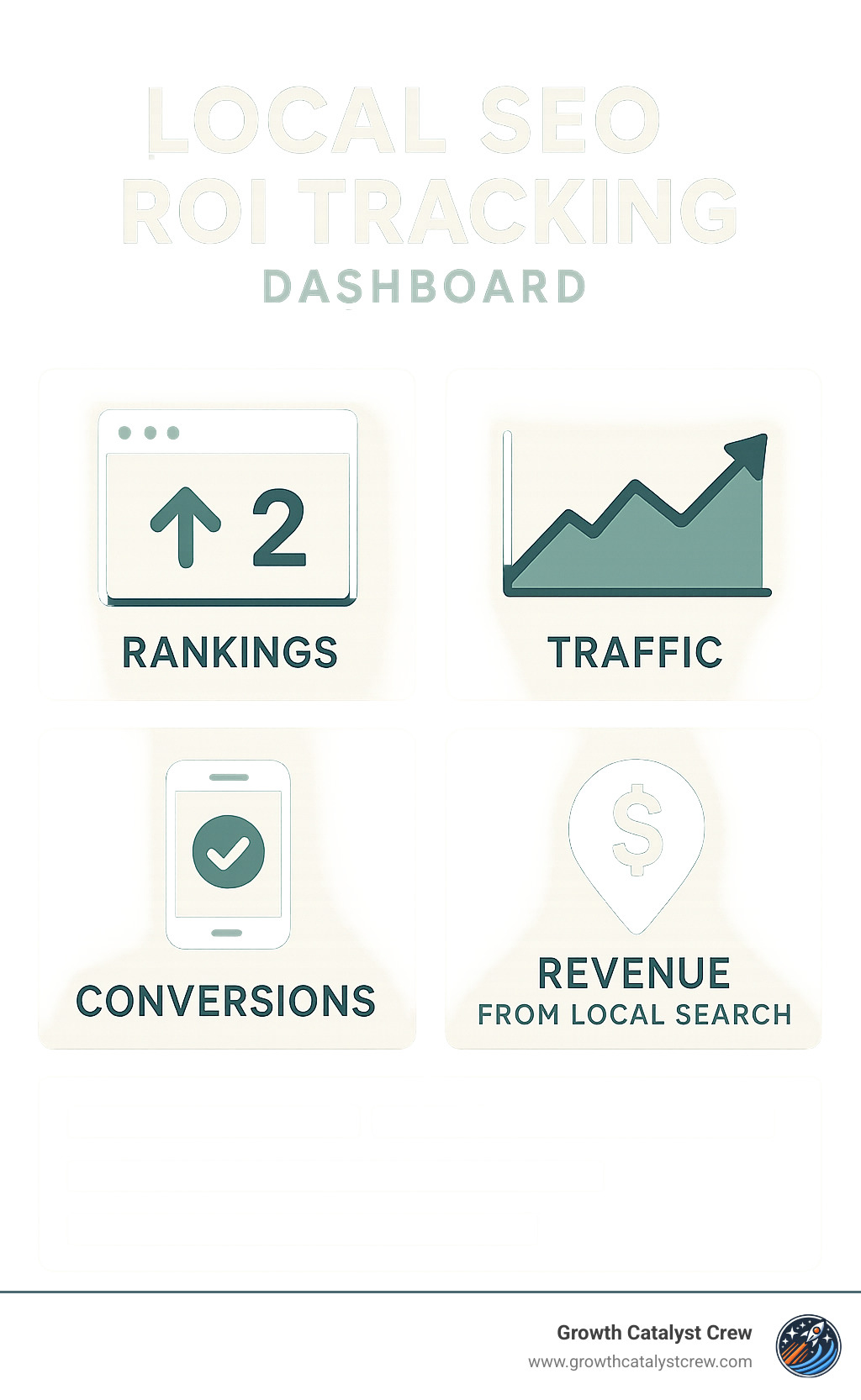 Local SEO ROI tracking dashboard showing key metrics like rankings, traffic, conversions, and revenue from local search channels - improve local rankings infographic