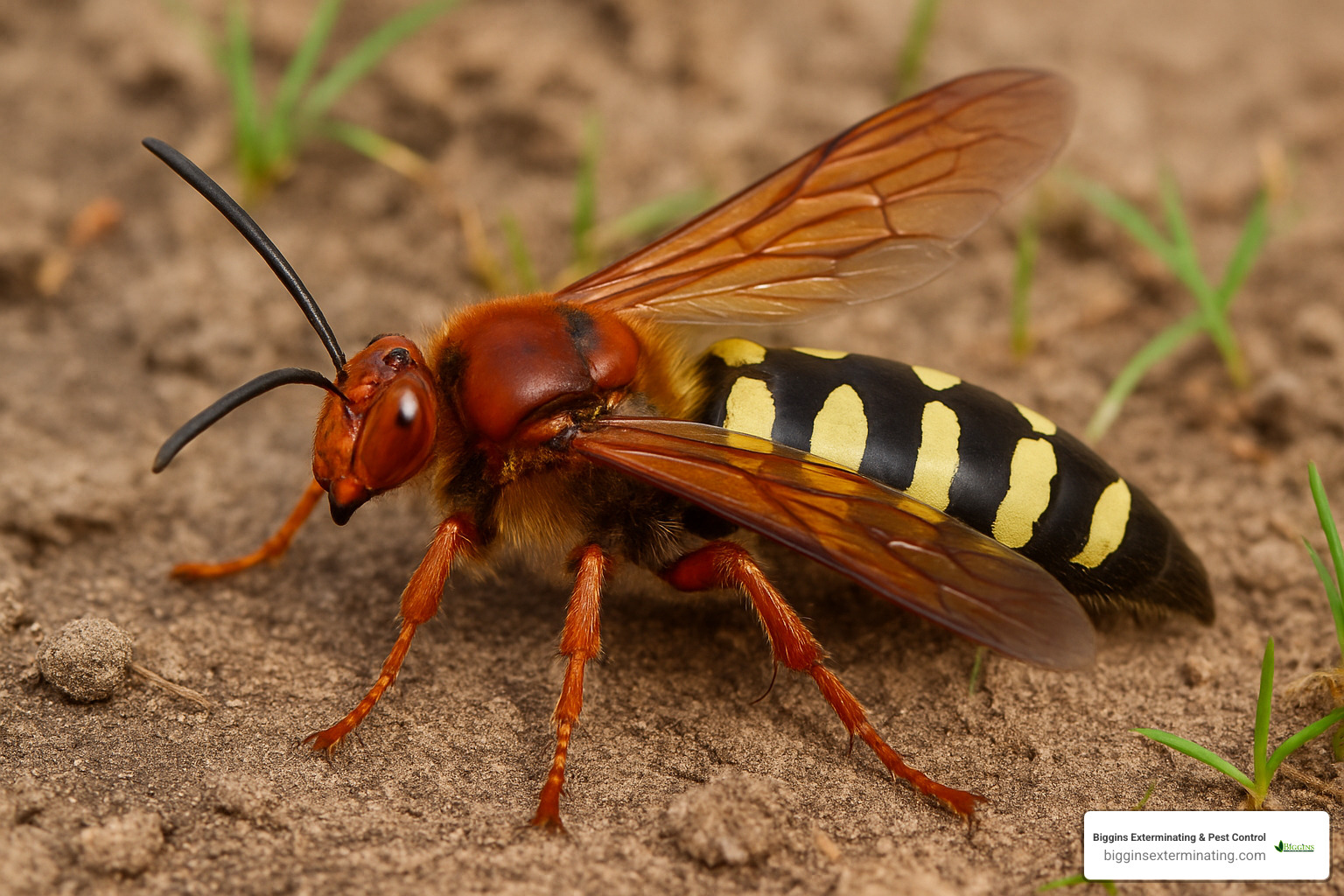 Close-up of cicada killer wasp showing yellow and black markings - prevent cicada killer wasps