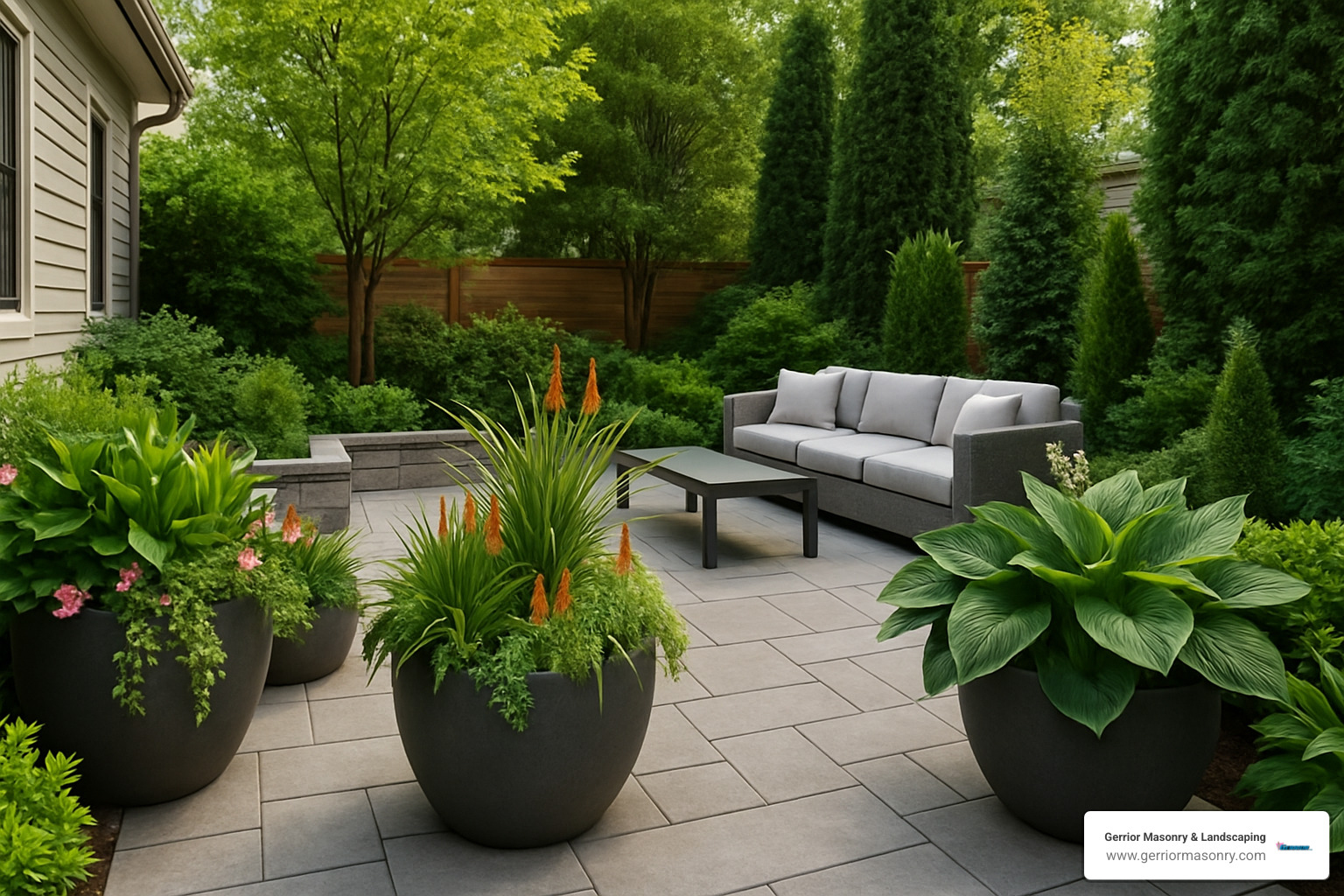 No Grass, No Problem—Creative Hardscaping Ideas You'll Love 6 hardscaped backyard with container gardens and no lawn - hardscaping ideas