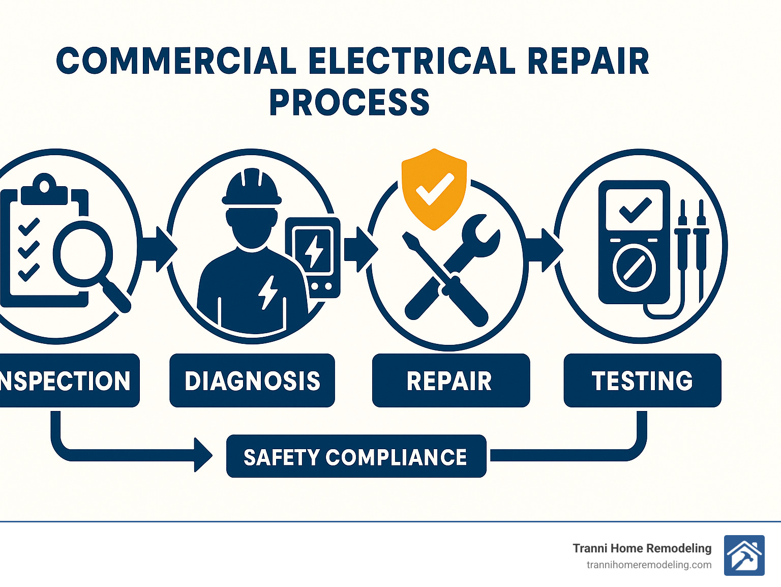 Commercial Electrical Repair Near Me: How to Choose the Right Service 1 Commercial electrical repair process showing inspection, diagnosis, repair and testing phases with safety compliance checkpoints - commercial electrical repair infographic