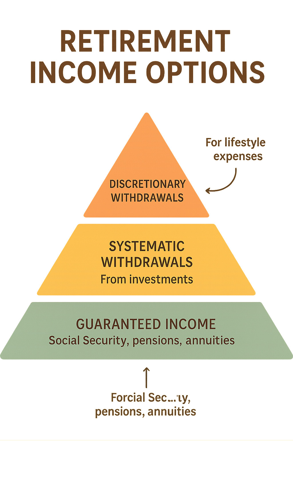 Retirement income options pyramid showing tiered approach with guaranteed income (Social Security, pensions, annuities) at the base, systematic withdrawals from investments in the middle, and discretionary withdrawals for lifestyle expenses at the top - Retirement income options infographic Retirement income options pyramid showing tiered approach with guaranteed income (Social Security, pensions, annuities) at the base, systematic withdrawals from investments in the middle, and discretionary withdrawals for lifestyle expenses at the top - Retirement income options infographic