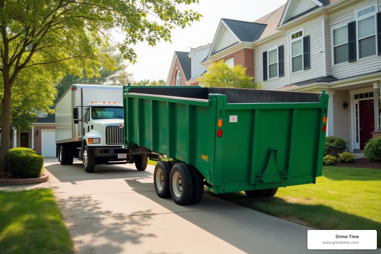 roll off dumpster delivery truck placing container on driveway - Dumpster rental for junk removal