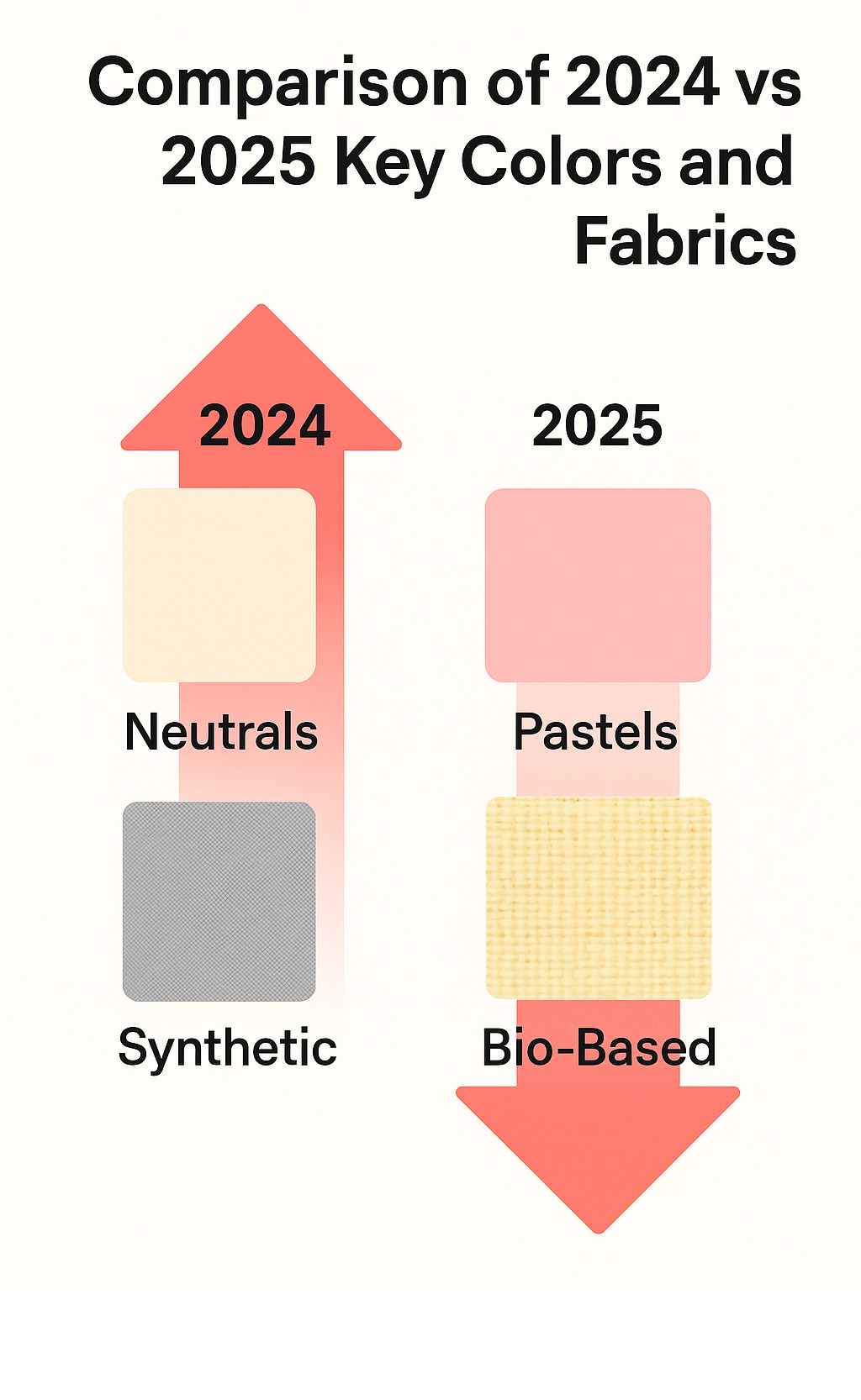 Comparison of 2024 vs 2025 key colors and fabrics showing the evolution from neutrals to pastels and from synthetic to bio-based materials - high-end fashion trends infographic