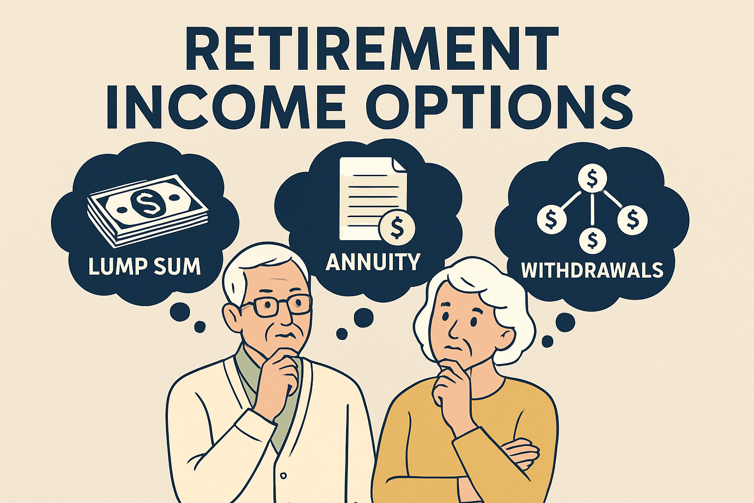 Retirees reviewing guaranteed income sources - Retirement income options Retirees reviewing guaranteed income sources - Retirement income options