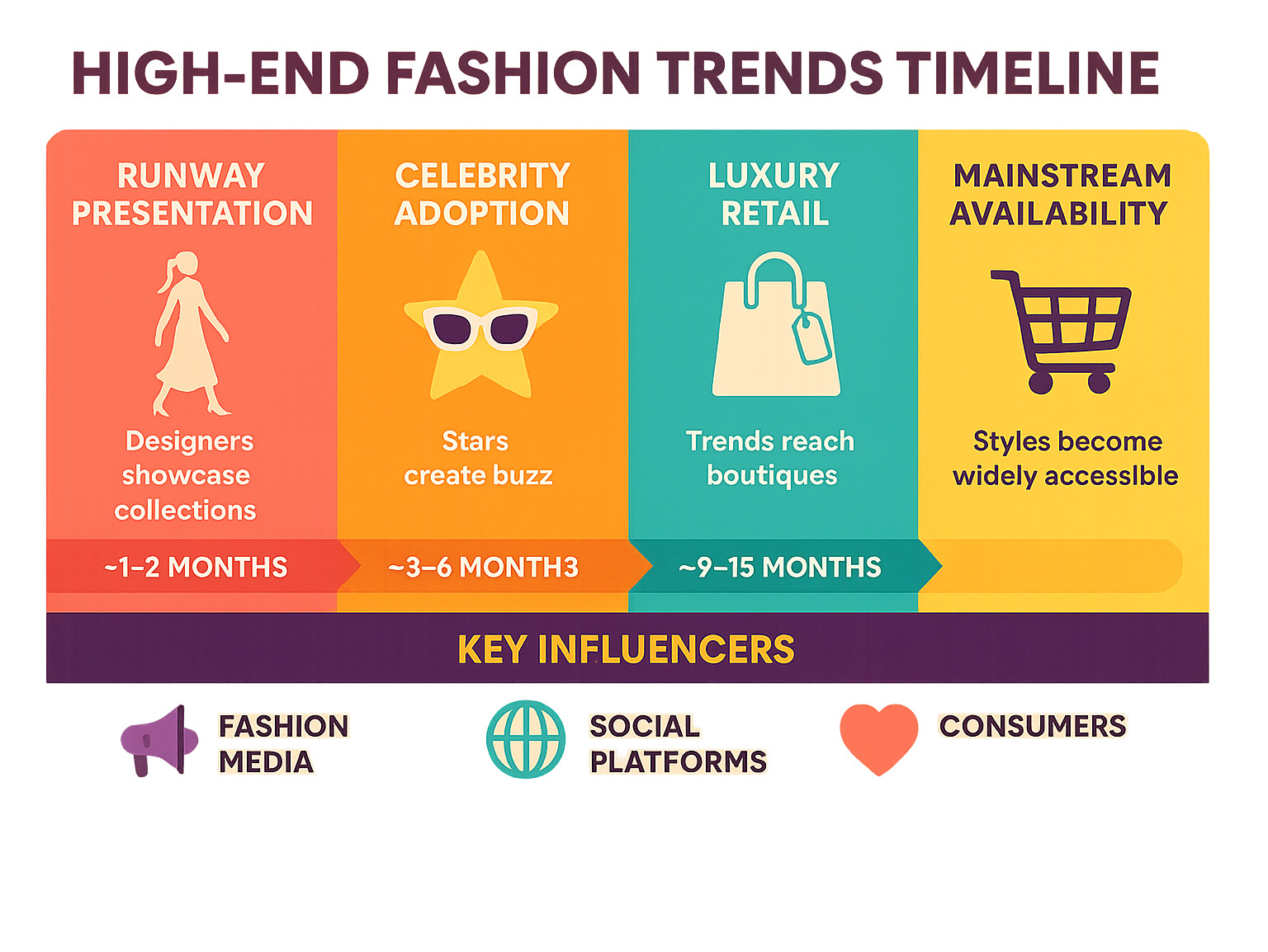 High-end fashion trends timeline showing the evolution from runway presentation to celebrity adoption to luxury retail to mainstream availability, with approximate timeframes for each stage and key influencers in the process - high-end fashion trends infographic 