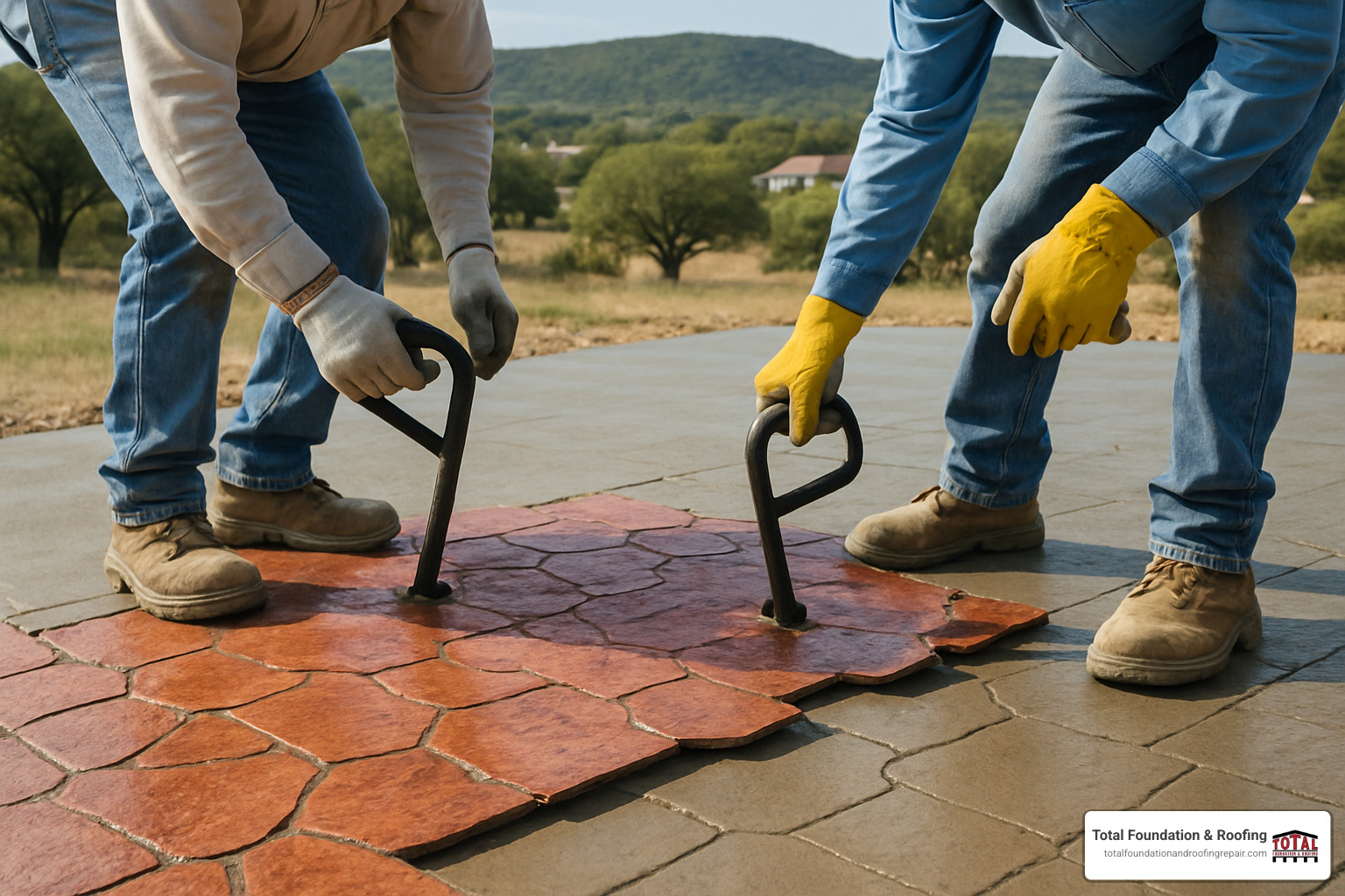 Concrete stamping process in progress on a Kerrville patio - Concrete contractors Kerrville TX