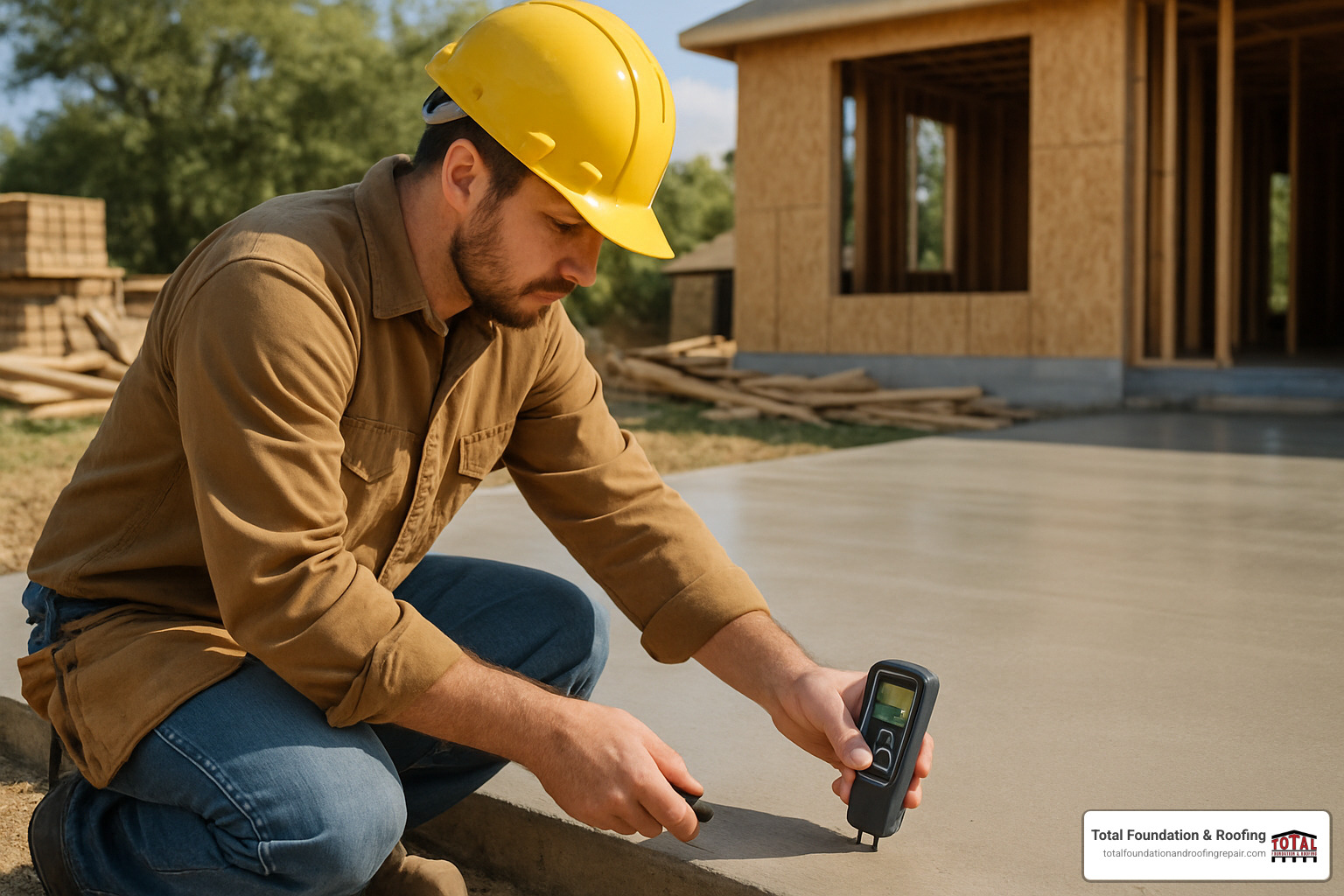 contractor using moisture meter on concrete slab - Concrete contractors Kerrville TX