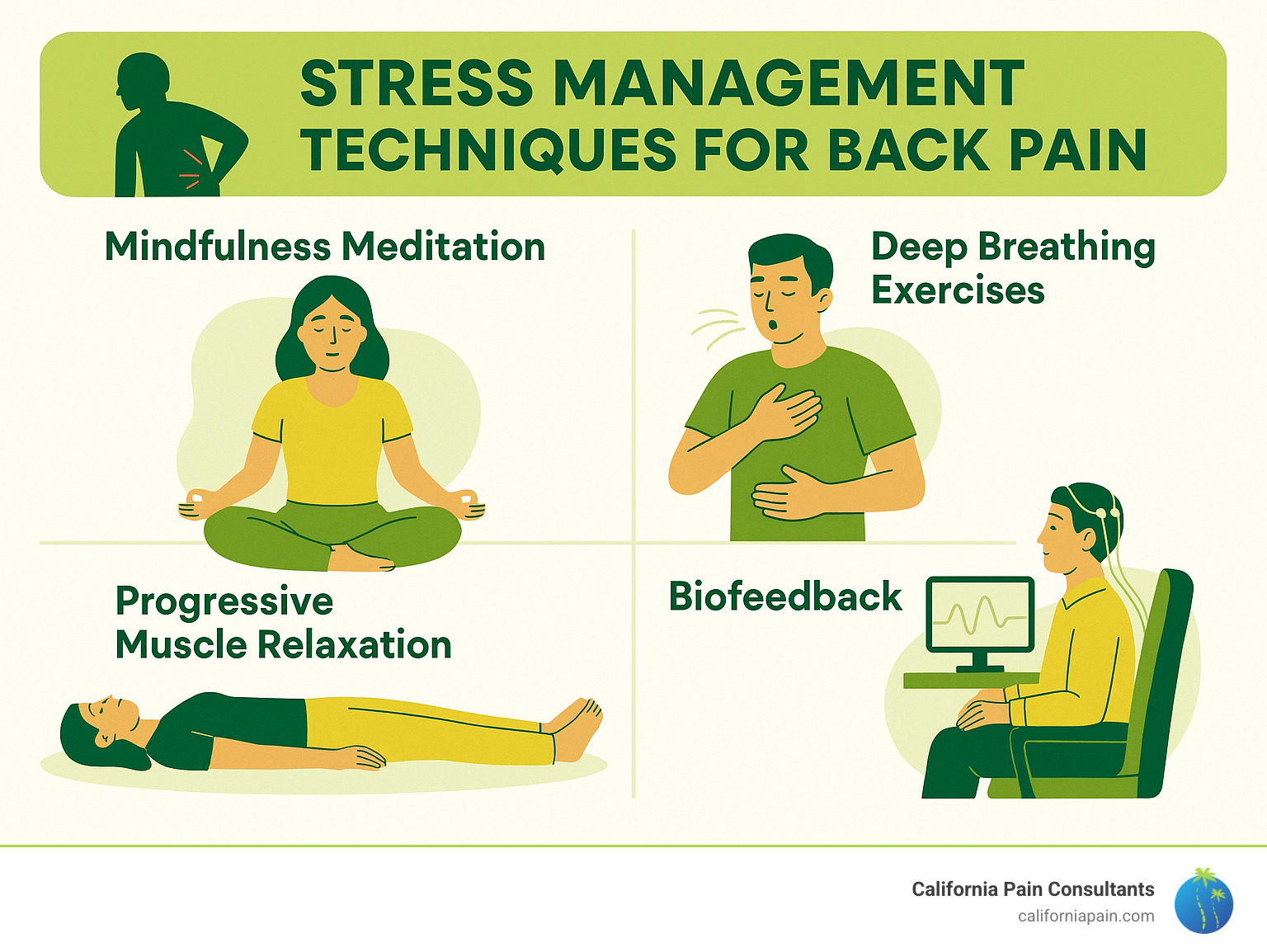 Stress management techniques for back pain - low back pain infographic