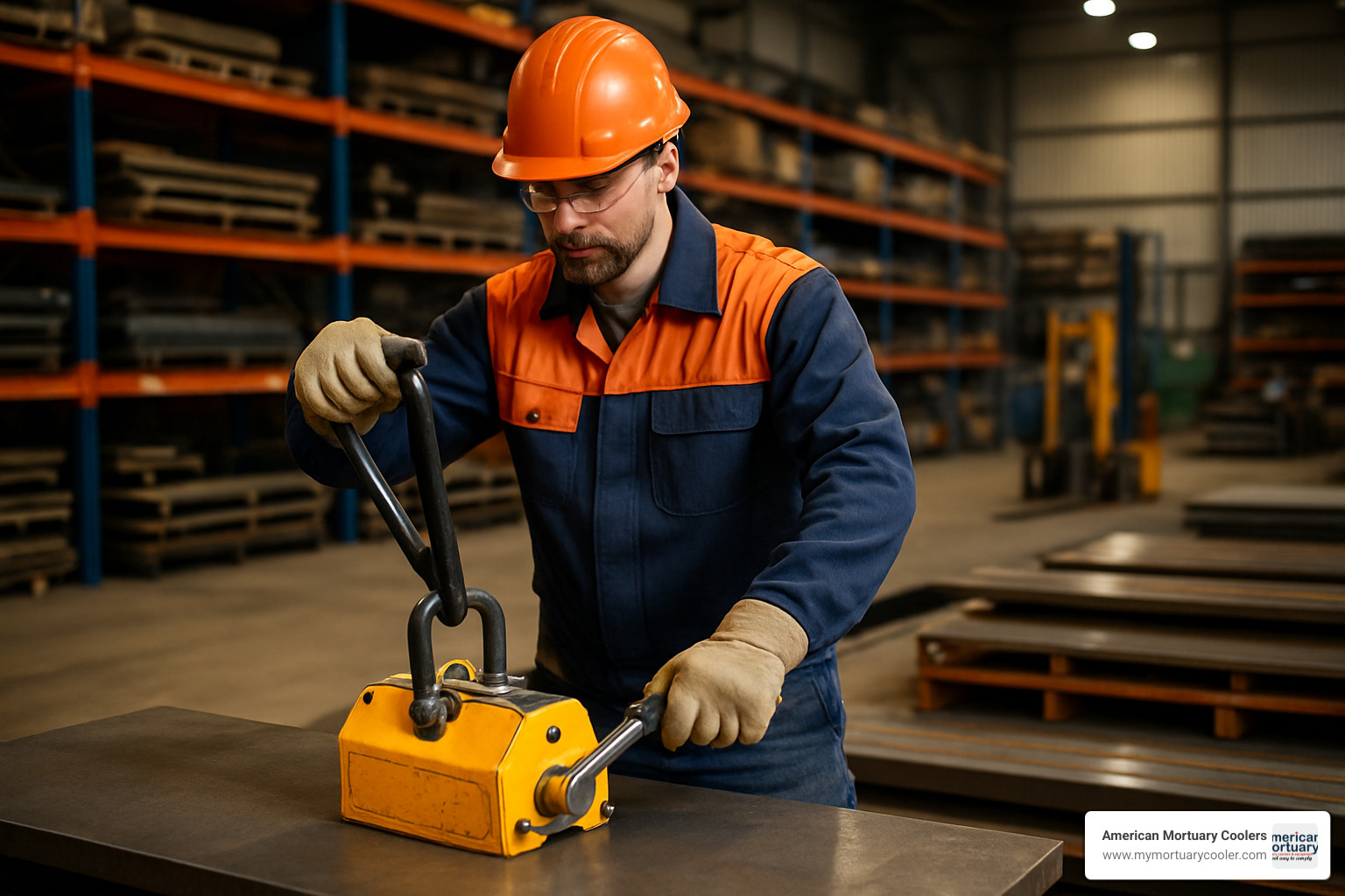 industrial worker using a magnet with handle to lift a steel plate in a warehouse setting - magnet with a handle