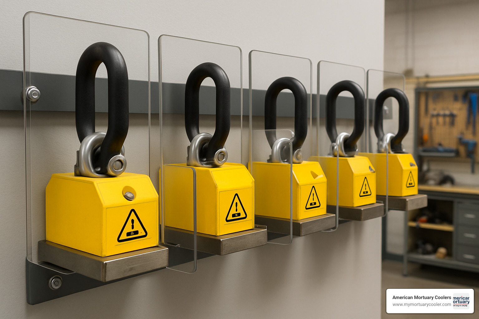 proper storage of magnets with handles on a wall-mounted rack with safety shields - magnet with a handle