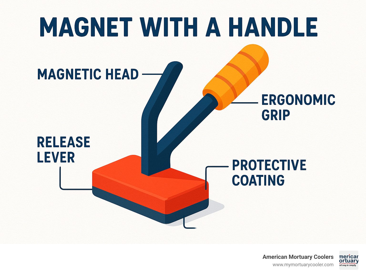Diagram showing the components of a magnet with a handle including magnetic head, release lever, ergonomic grip, and protective coating with labels for each part - magnet with a handle infographic 