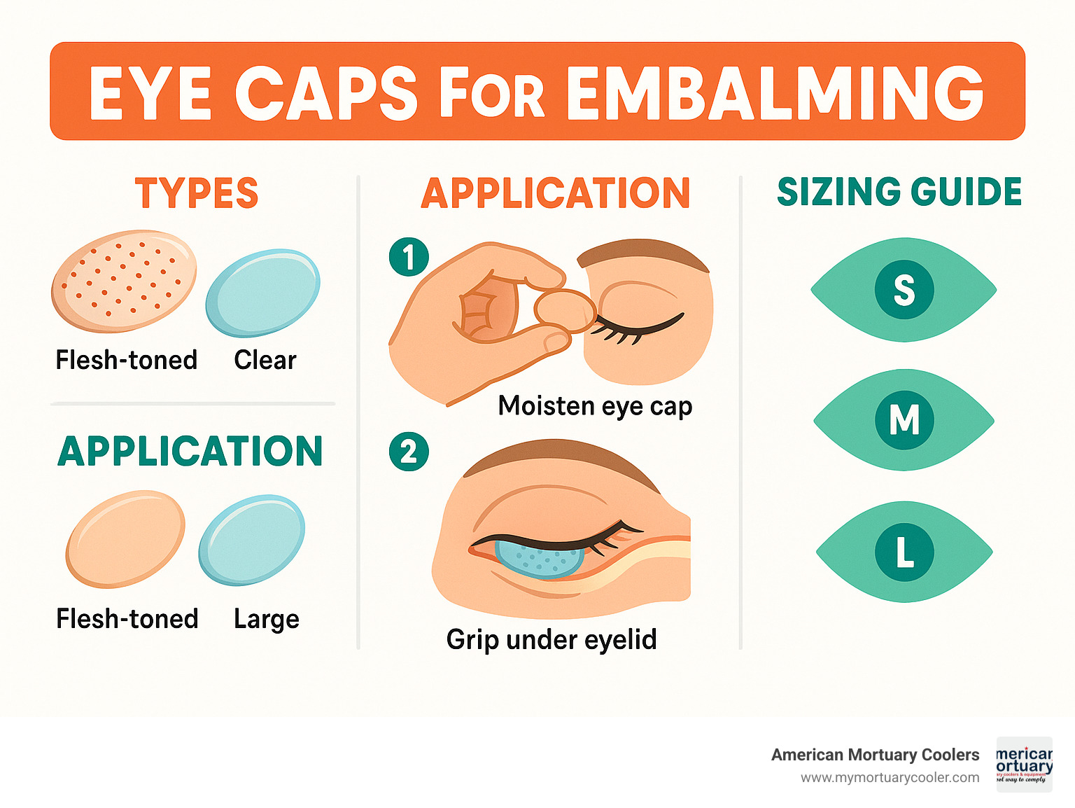 Detailed infographic showing eye cap types, application process, and sizing guide with cross-section view of proper placement under eyelid - eye caps for embalming infographic 