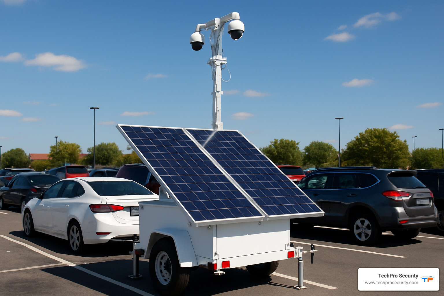 Solar camera trailer in parking lot - parking lot security cameras