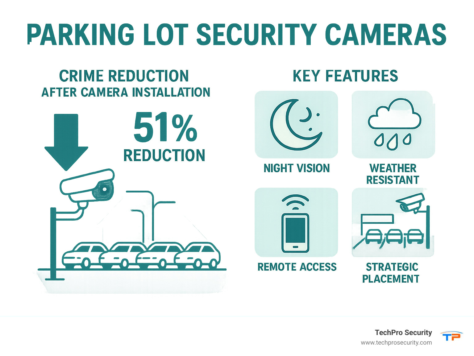 Comparison of parking lot crime statistics showing 51% reduction after camera installation, key features of modern parking lot security cameras including night vision, weather resistance, remote access, and how strategic placement affects coverage and deterrence - parking lot security cameras infographic 