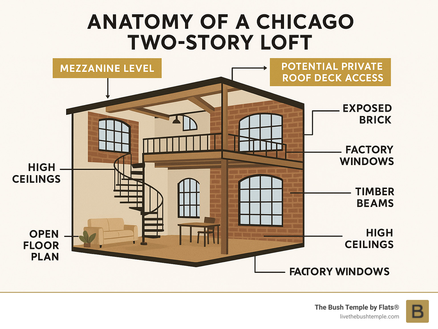Anatomy of a Chicago two-story loft showing key features: mezzanine level, exposed brick walls, factory windows, timber beams, spiral staircase, open floor plan, high ceilings, and potential for private roof deck access - 2 story loft chicago infographic 