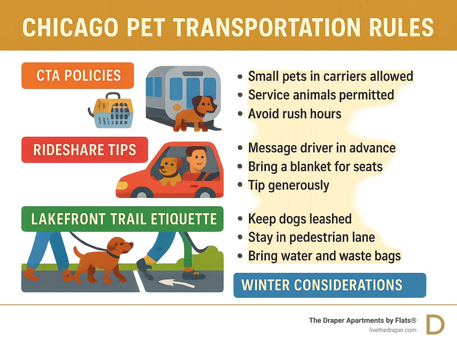 Infographic showing Chicago pet transportation rules including CTA policies, rideshare tips, and seasonal considerations - pet friendly apartment chicago infographic 