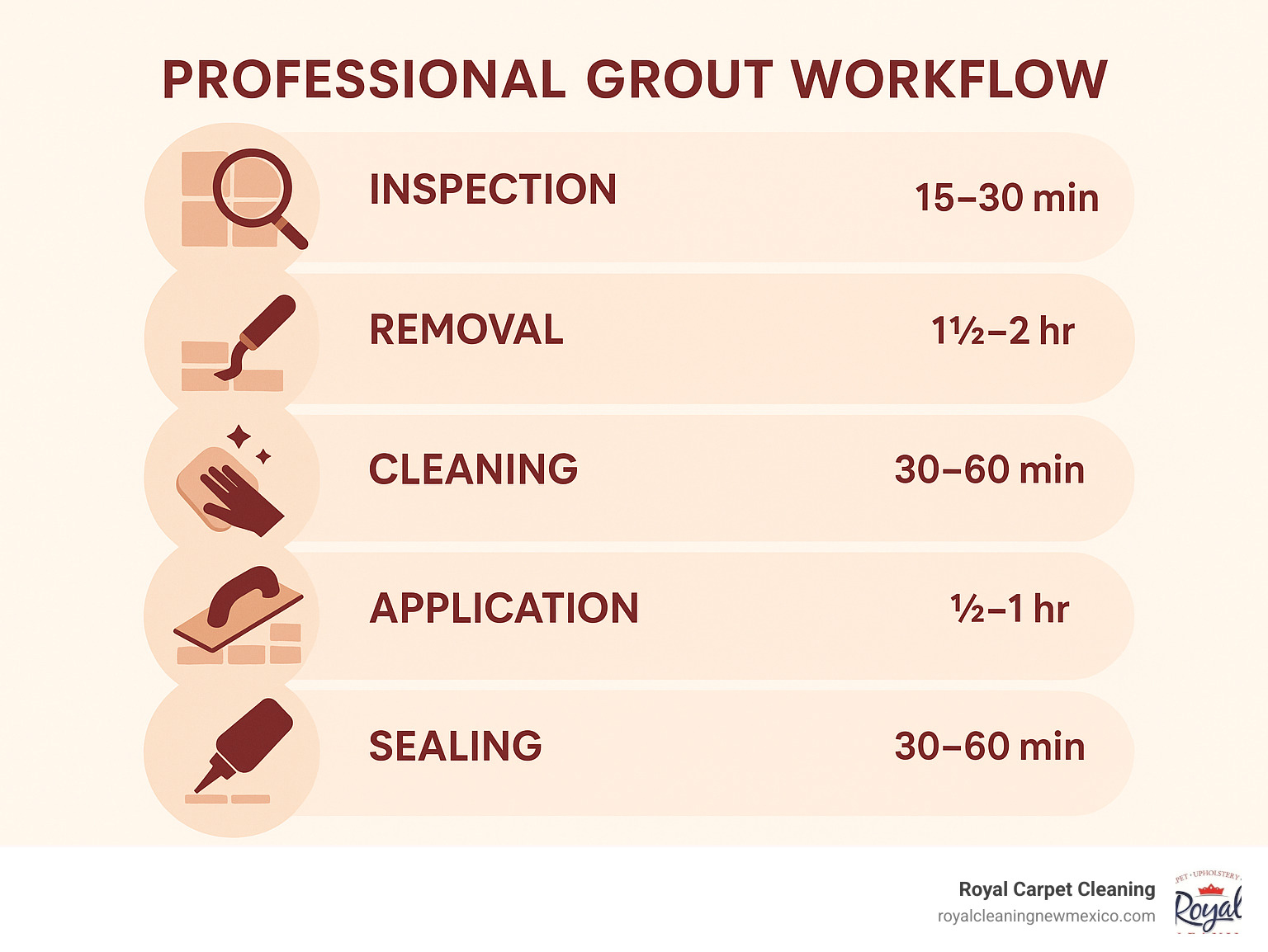 Professional grout workflow showing the 5-step process: inspection, removal, cleaning, application, and sealing with estimated time for each step - bathroom grouting services near me infographic 