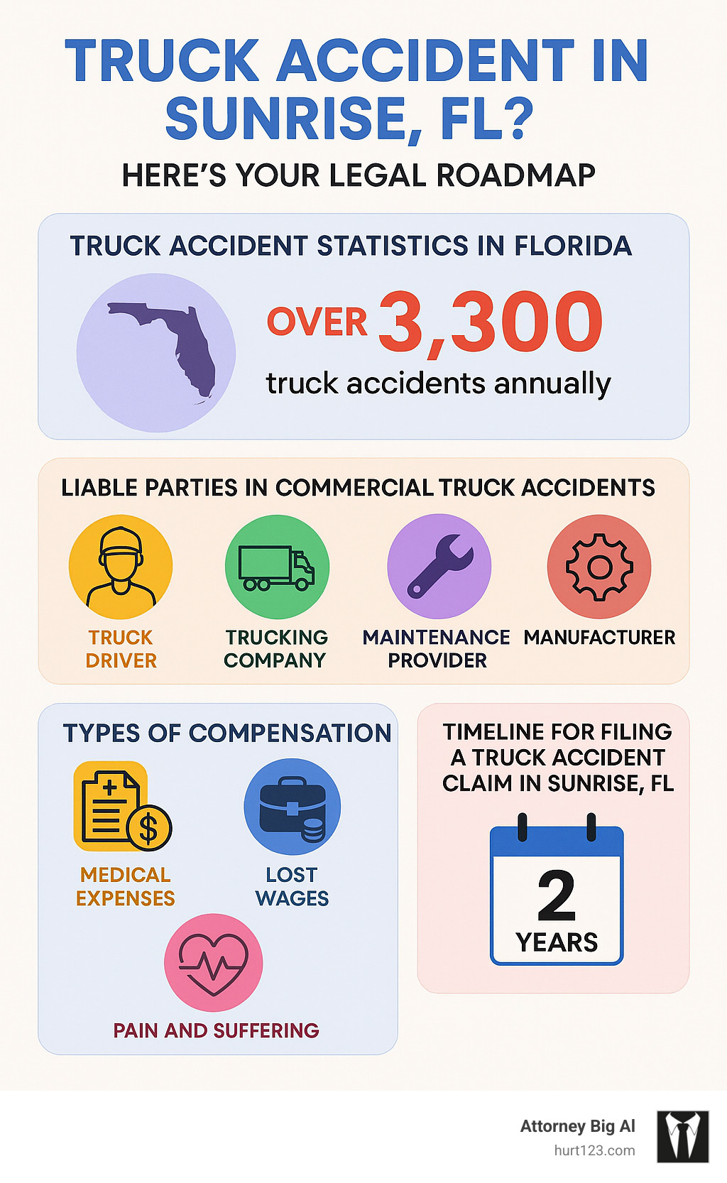 Infographic showing truck accident statistics in Florida, liable parties in commercial truck accidents, types of compensation available to victims, and the timeline for filing a truck accident claim in Sunrise, FL - sunrise fl truck accident lawyer infographic
