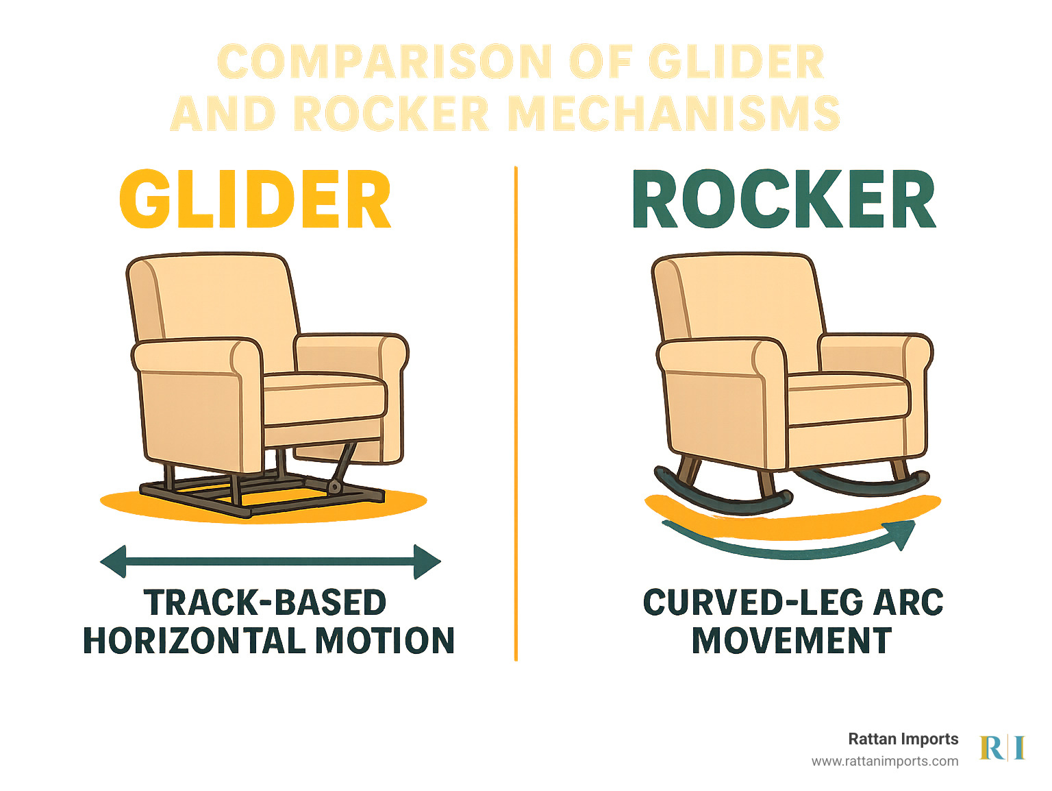 Comparison of glider and rocker mechanisms showing track-based horizontal motion of gliders versus curved-leg arc movement of rockers, with illustrations of interior mechanisms and motion paths - gliders and rockers infographic 