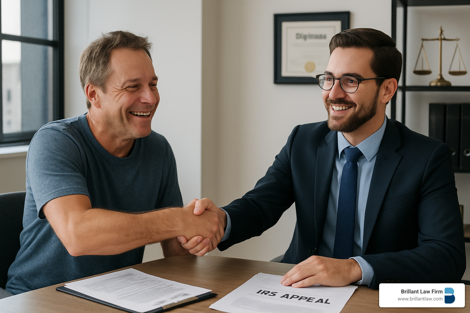 Relieved taxpayer shaking hands with attorney - IRS appeals attorney