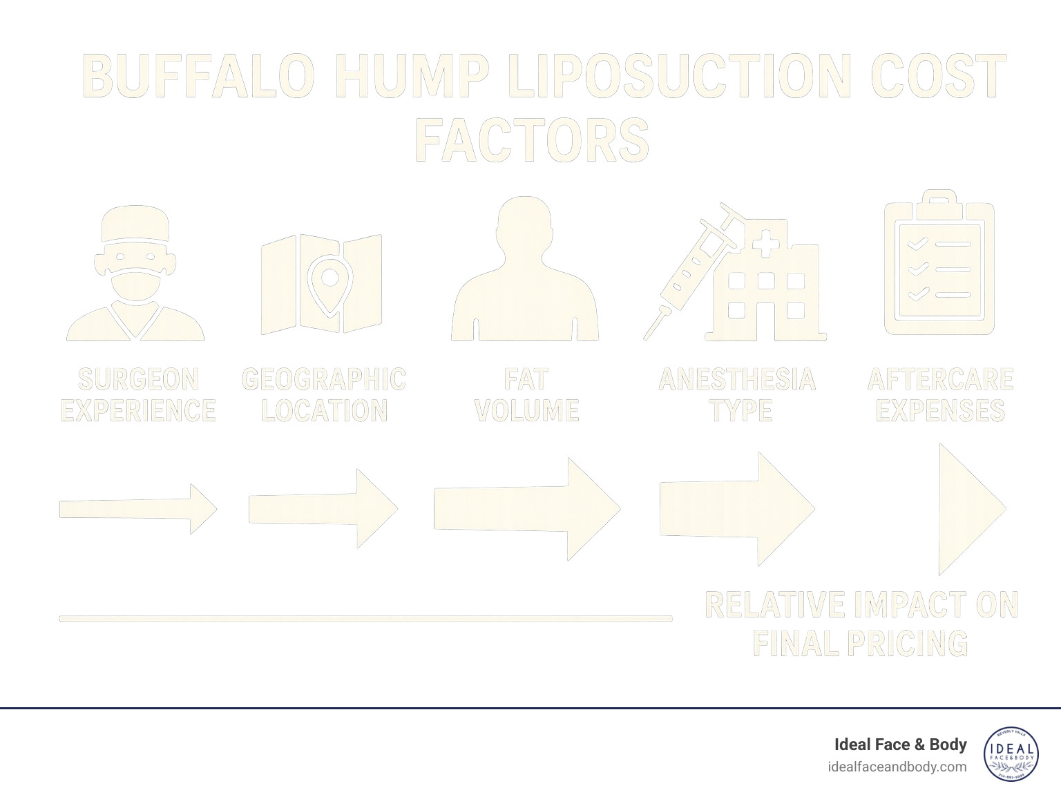 Buffalo hump liposuction cost factors showing surgeon experience, geographic location, fat volume, anesthesia type, facility fees, and aftercare expenses with their relative impact on final pricing - buffalo hump liposuction cost infographic 