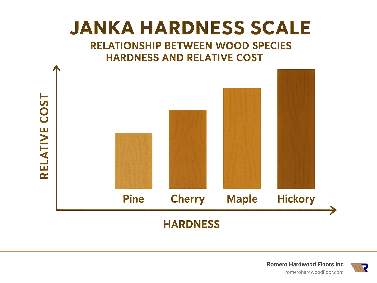 Janka hardness scale showing relationship between wood species hardness and relative cost - average cost to install click engineered hardwood floor infographic