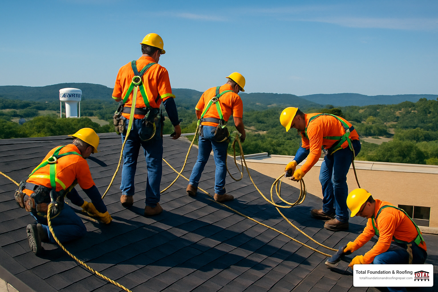 Safety-harnessed roofing crew working on a Kerrville commercial building - roofing contractors Kerrville TX