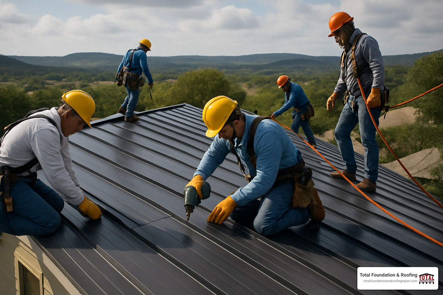 Crew installing standing-seam metal roofing in Kerrville - roofing contractors Kerrville TX