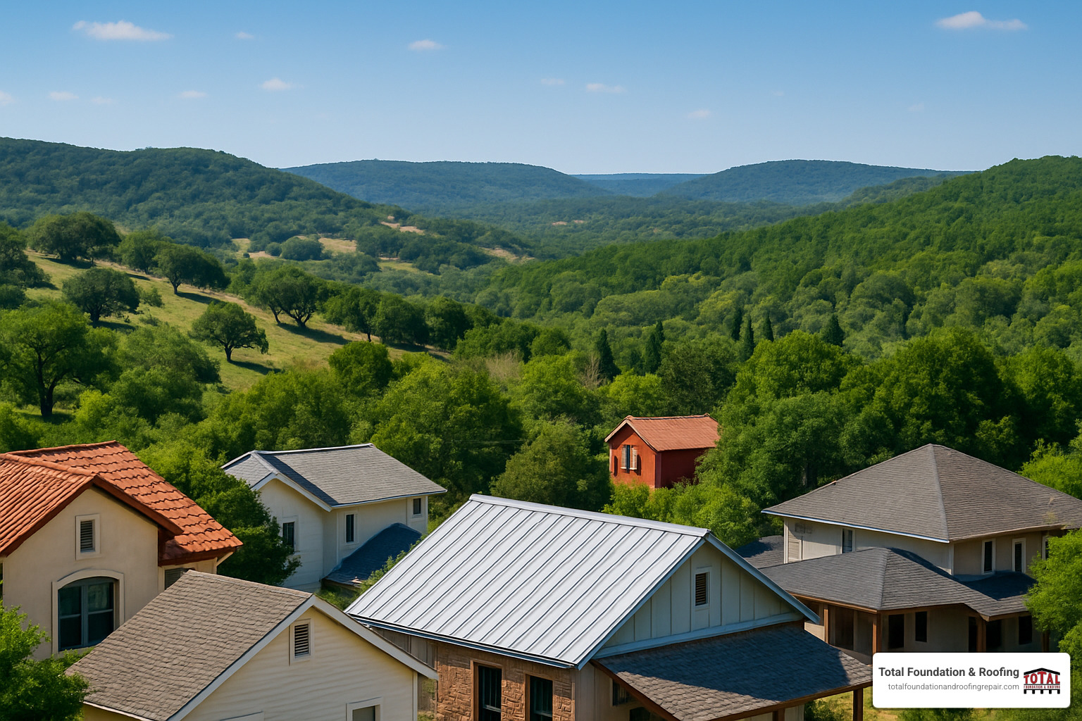 Texas Hill Country landscape with diverse rooftops - roofing contractors Kerrville TX