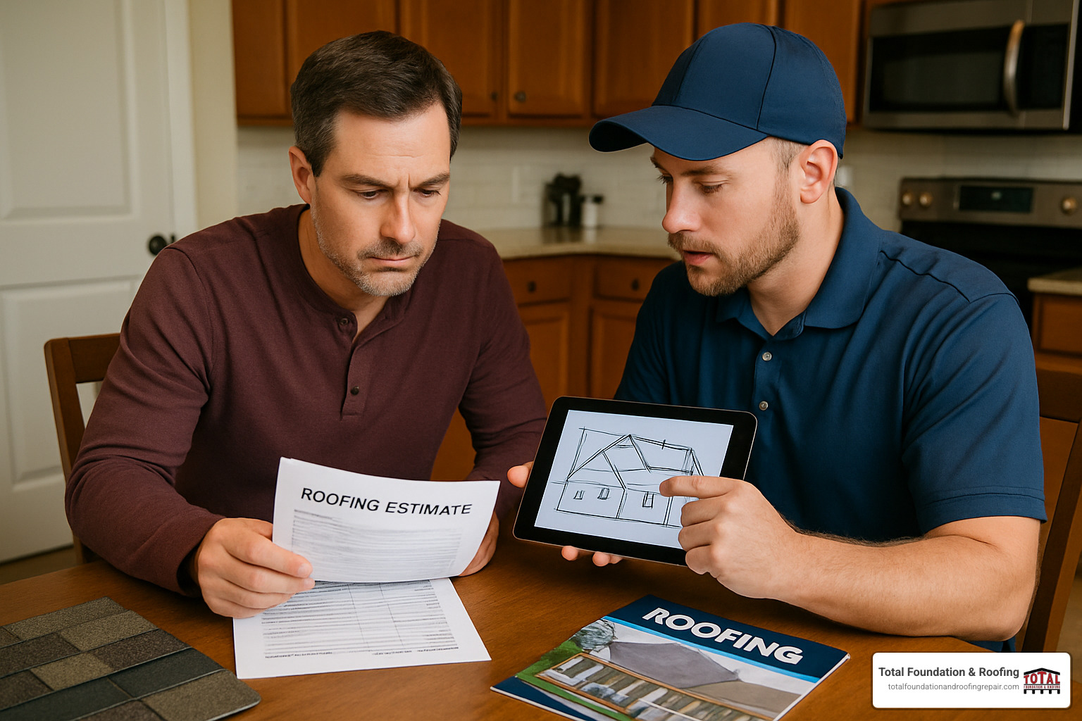 Homeowner reviewing roofing estimate with contractor - roofing contractors Kerrville TX