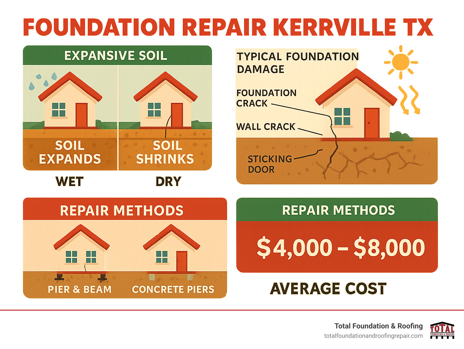 Diagram showing how expansive soil affects foundations through wet-dry cycles, including typical foundation damage patterns, repair methods, and average costs in Kerrville TX - Foundation repair Kerrville TX infographic Diagram showing how expansive soil affects foundations through wet-dry cycles, including typical foundation damage patterns, repair methods, and average costs in Kerrville TX - Foundation repair Kerrville TX infographic