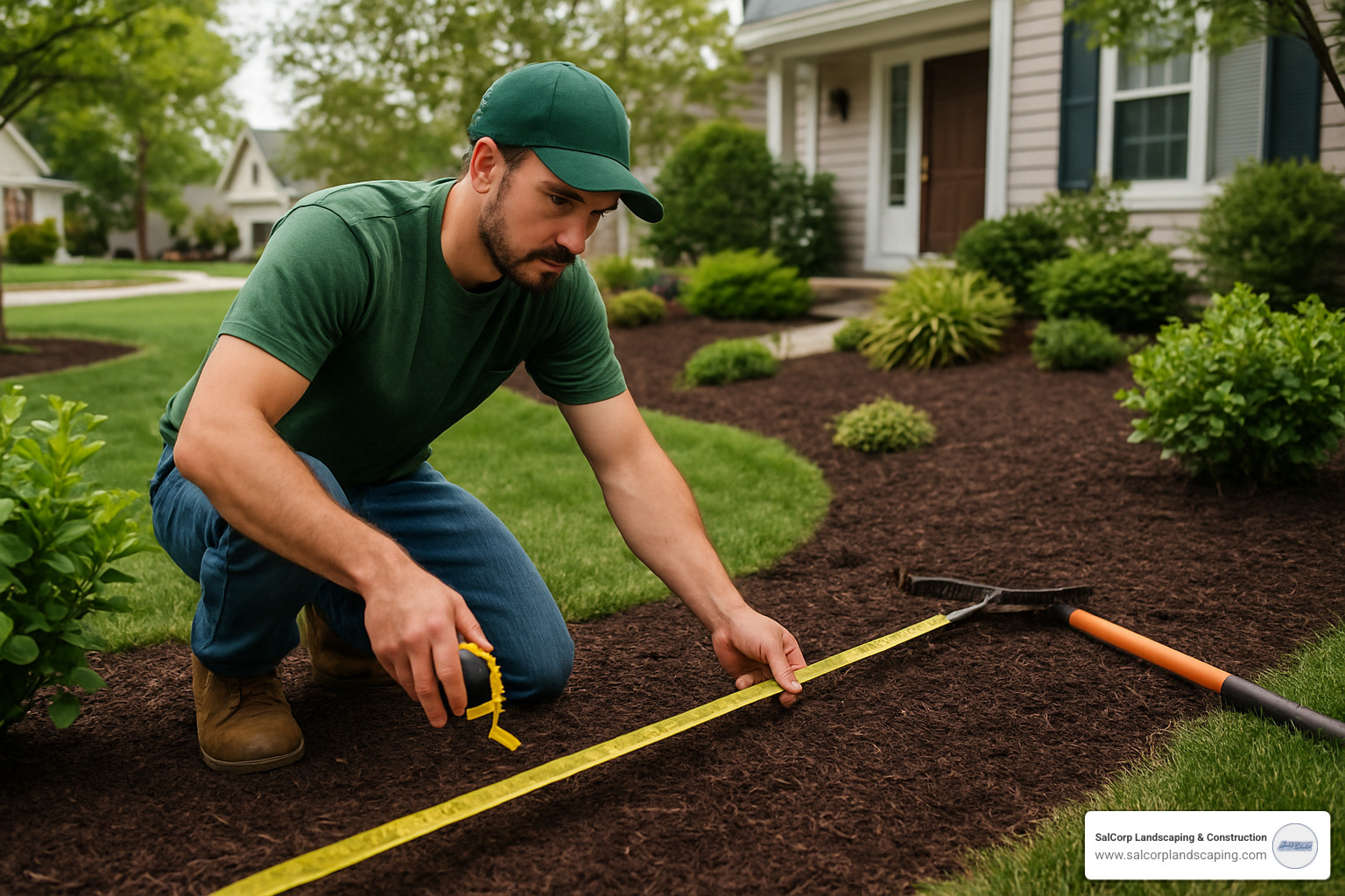 landscaper measuring garden bed for mulch calculation - Mulch Delivery