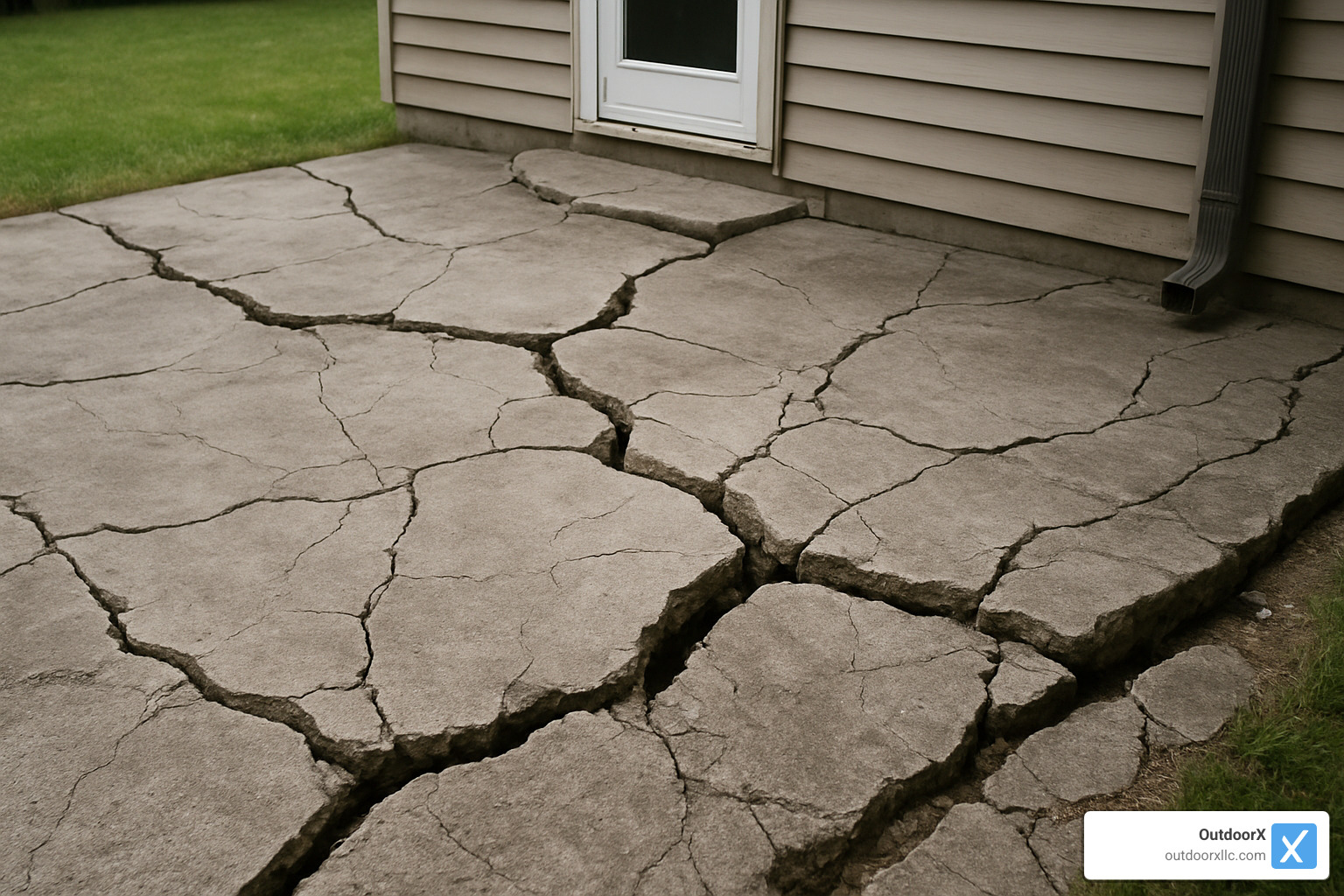 cracked concrete patio with severe damage - replacing concrete patio