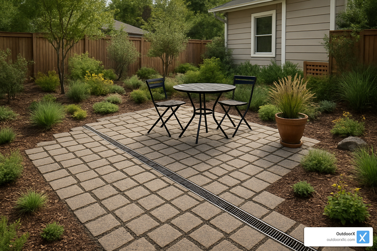 eco-friendly patio with permeable pavers and integrated drainage - replacing concrete patio