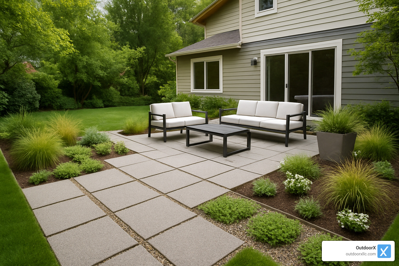 modern patio with permeable pavers and integrated planting areas - replacing concrete patio