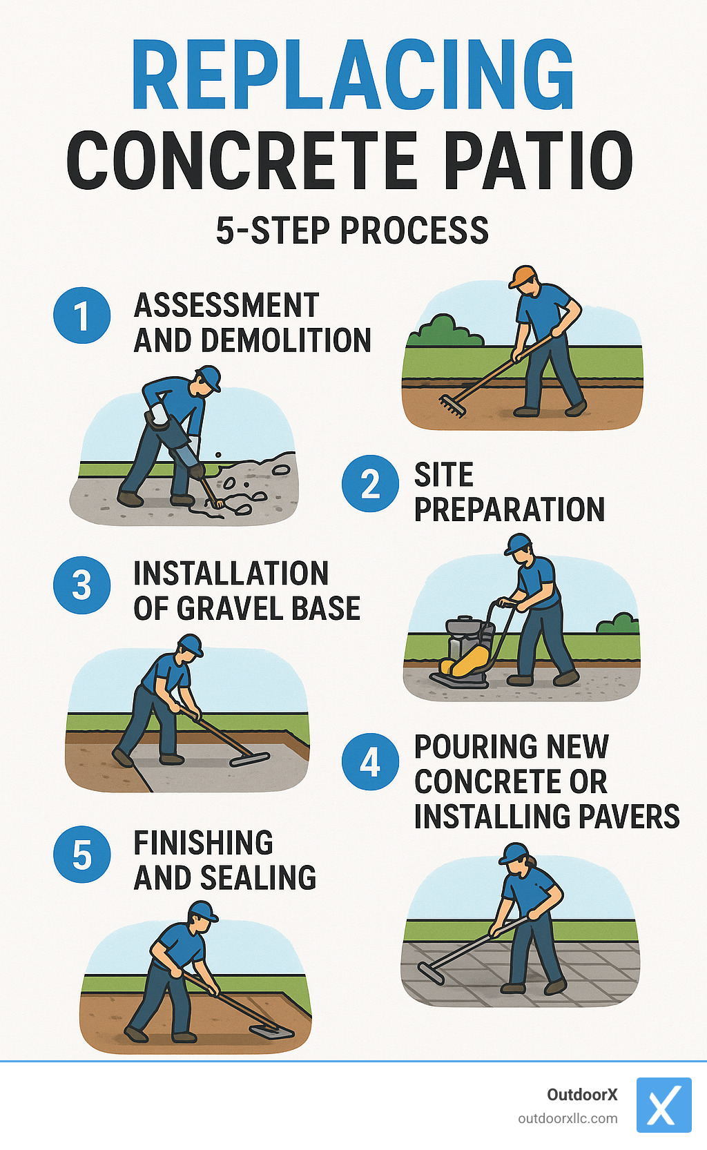 Detailed infographic showing the 5-step concrete patio replacement process: 1) Assessment and demolition of old patio, 2) Site preparation with proper grading, 3) Installation of gravel base and compaction, 4) Pouring new concrete or installing pavers, 5) Finishing and sealing the new surface - replacing concrete patio infographic 