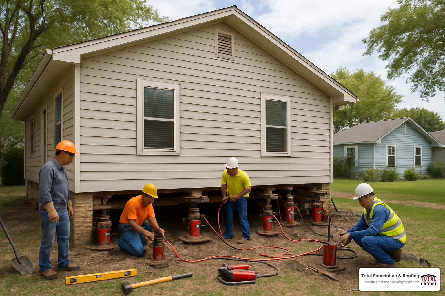 foundation repair crew lifting a home in Kerrville - residential foundation services Kerrville - residential foundation services Kerrville