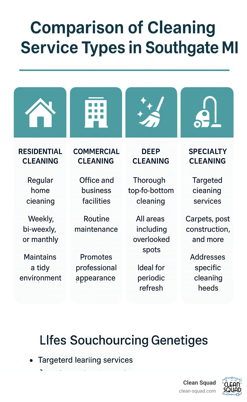 Comparison of cleaning service types in Southgate MI showing residential, commercial, deep cleaning, and specialty cleaning with their features and benefits - cleaning services southgate mi infographic 