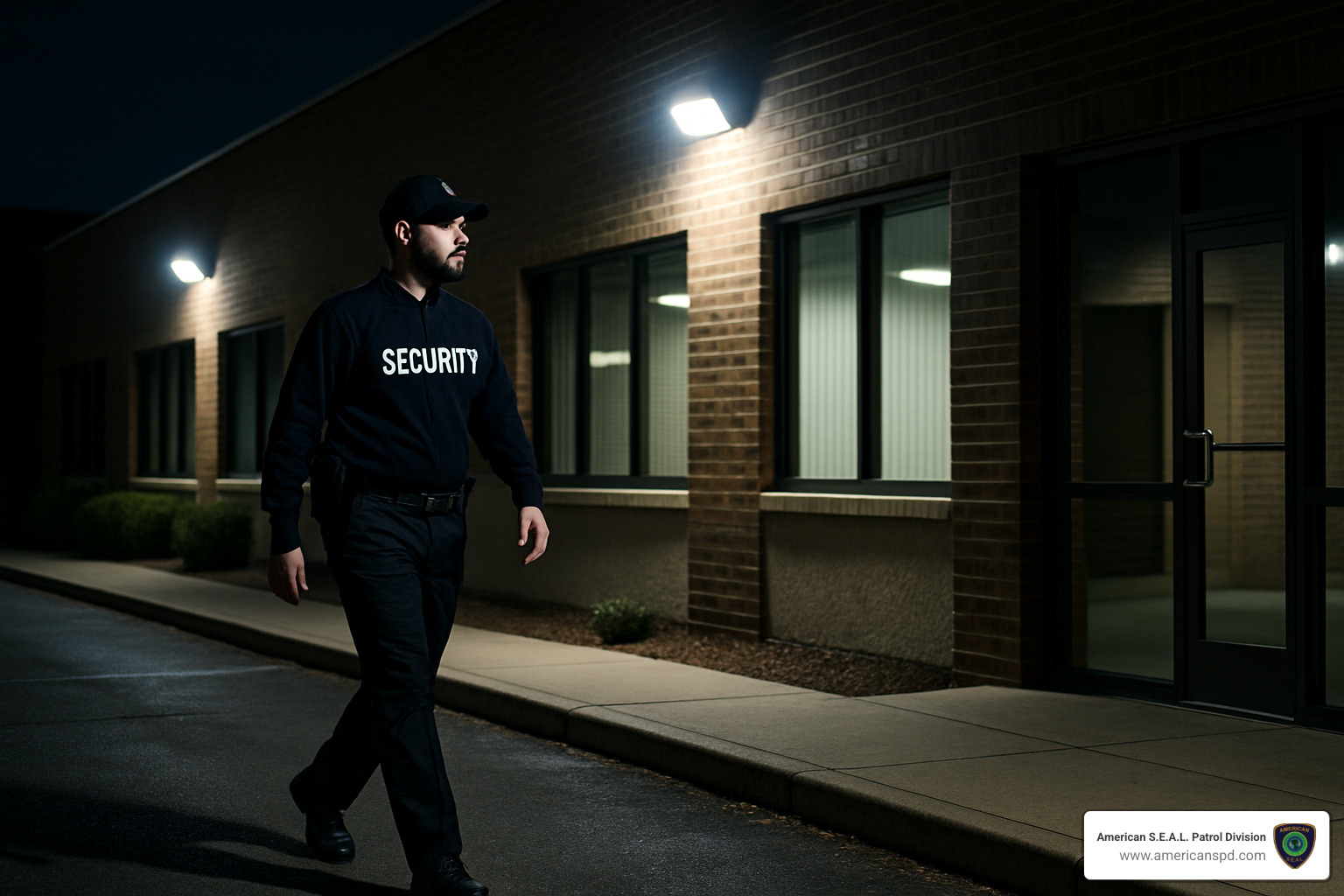 Security officer patrolling a commercial property at night - houston security guard companies