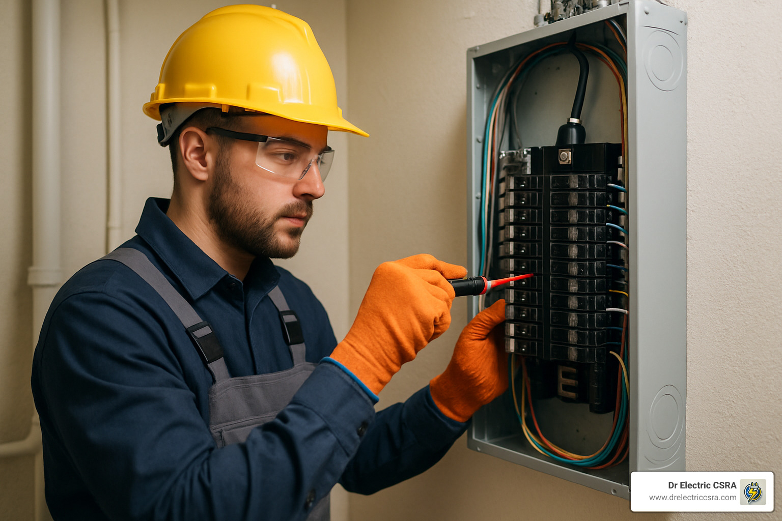 Electrician in safety gear working on a residential electrical panel, showcasing essential electrical wiring services for home safety and maintenance.