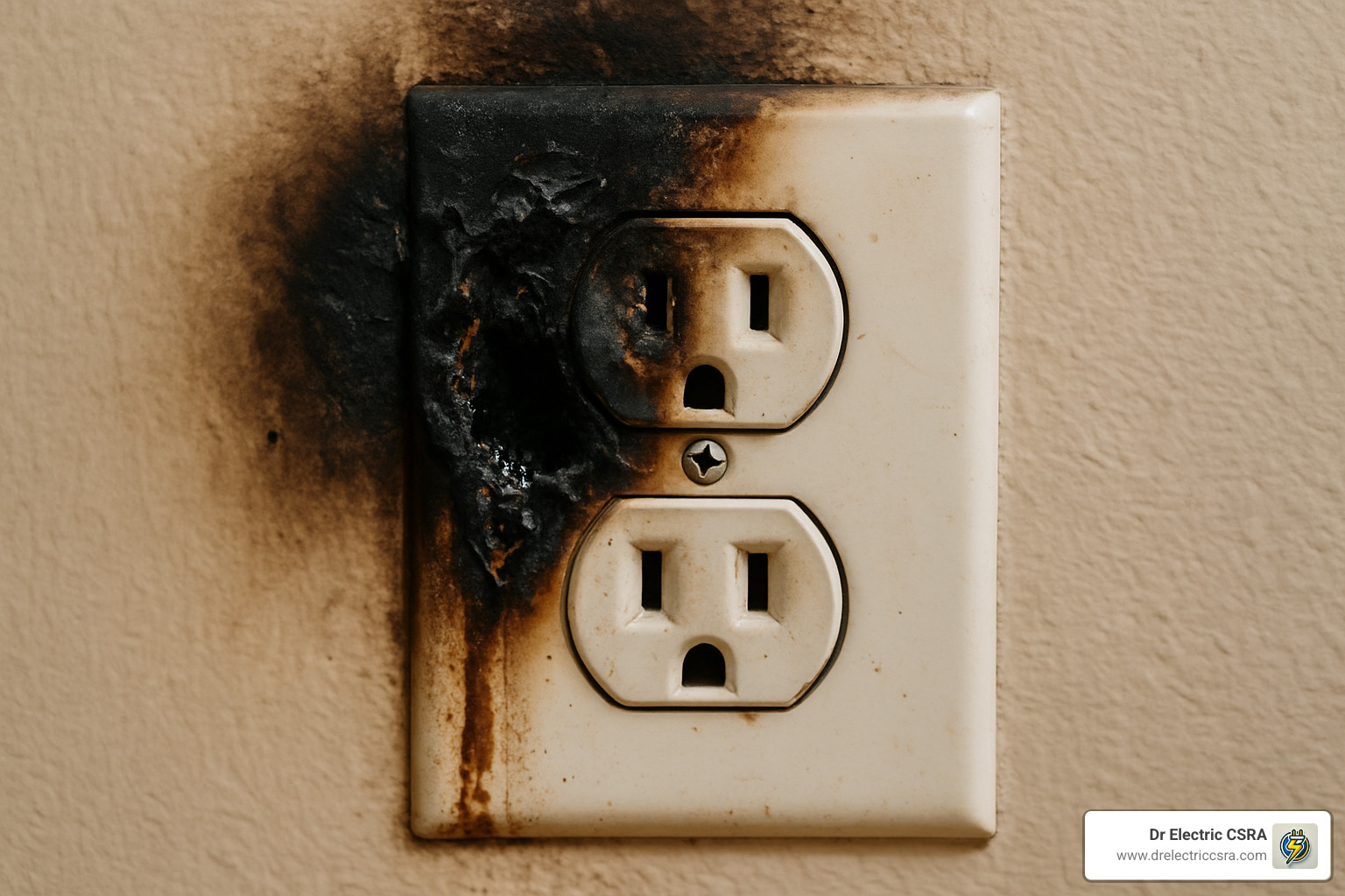 Discolored and burnt electrical outlet with visible damage, indicating potential fire hazards and the need for professional electrical evaluation and repair services by Dr Electric CSRA.
