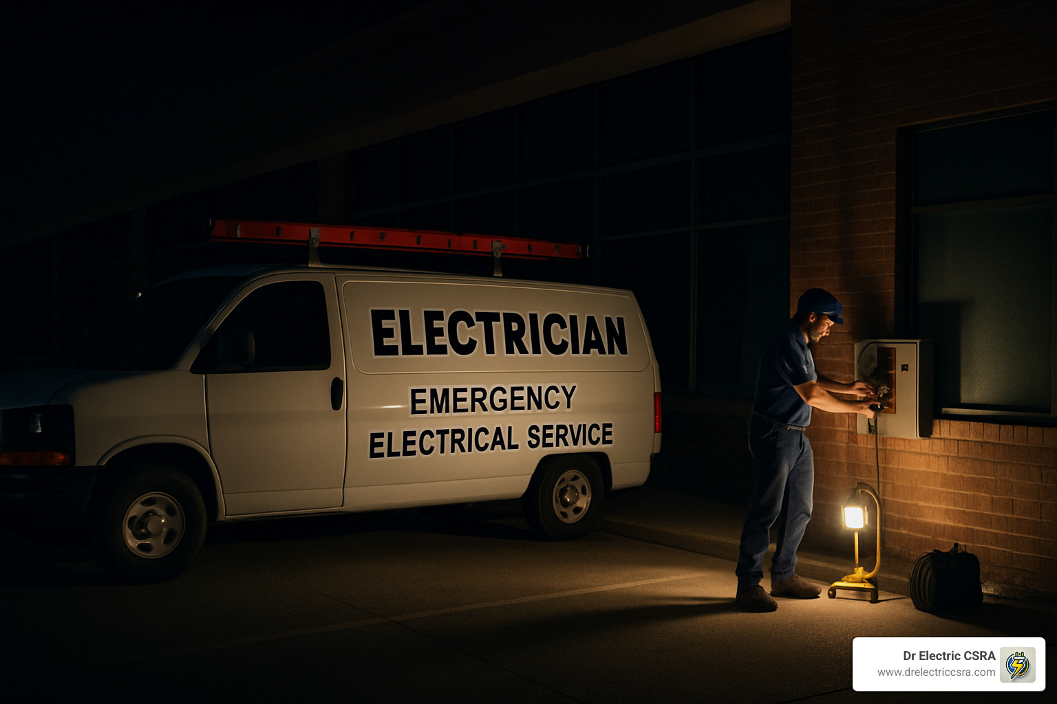 Electrician performing emergency electrical service at night, with a service van labeled "EMERGENCY ELECTRICAL SERVICE" and a portable work light illuminating the area.