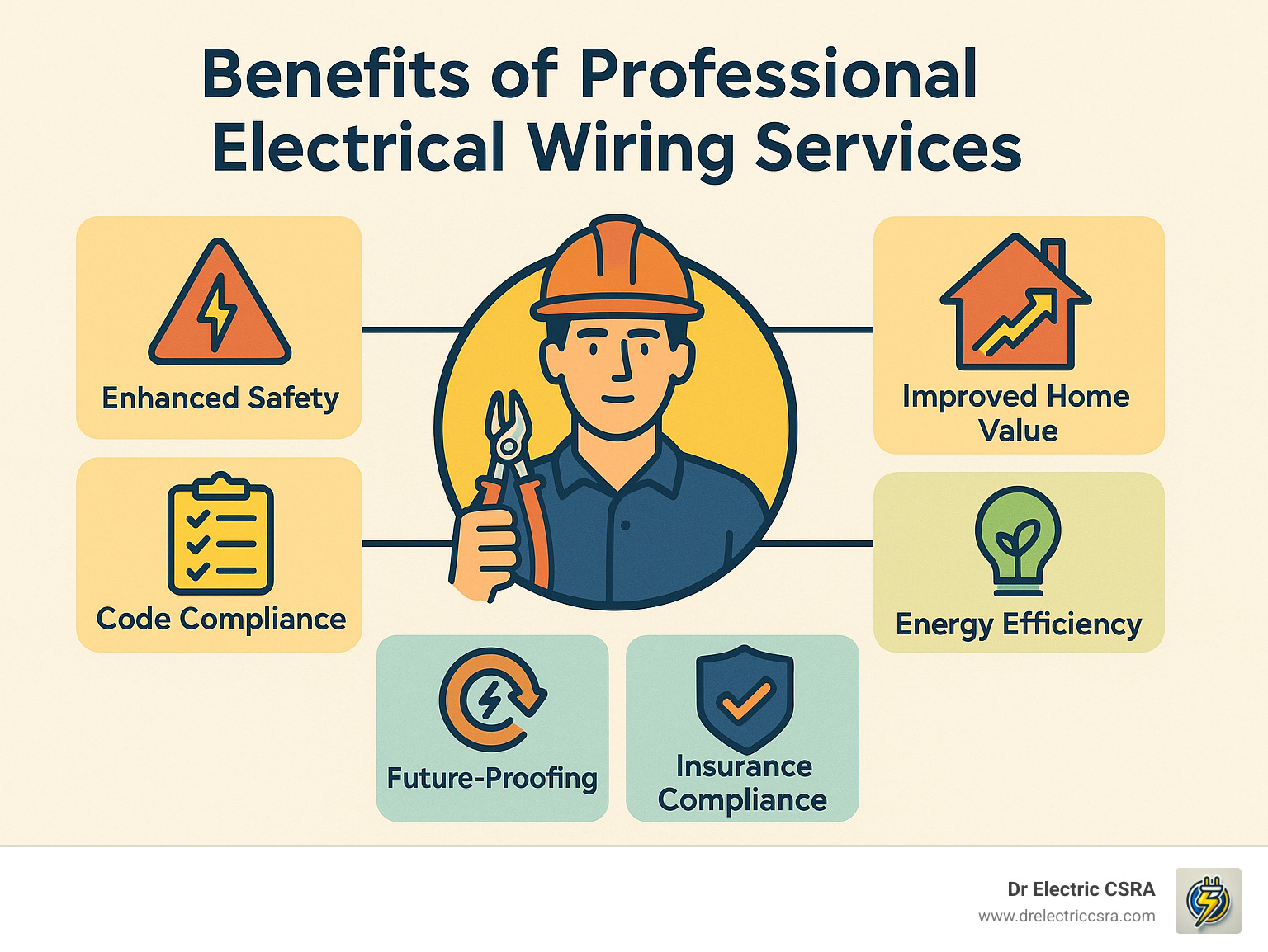 Benefits of professional electrical wiring services including enhanced safety, code compliance, improved home value, energy efficiency, future-proofing, and insurance compliance, illustrated by a technician holding tools.
