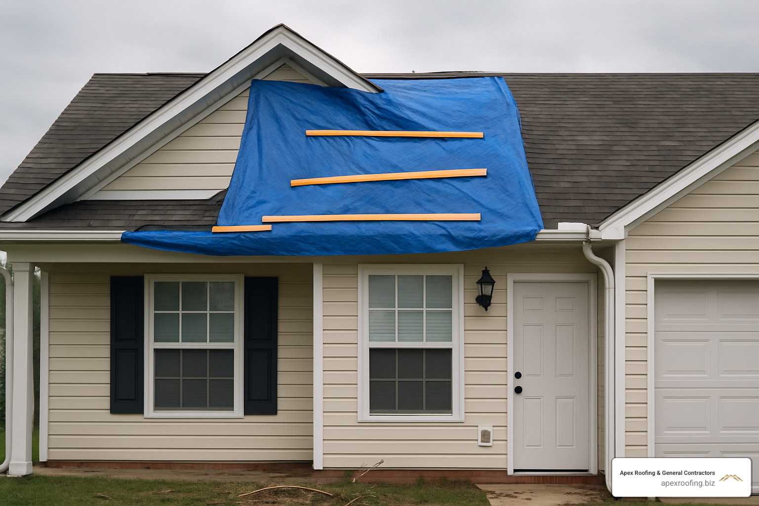 Blue tarp properly installed on a storm-damaged roof - storm damage roofing company